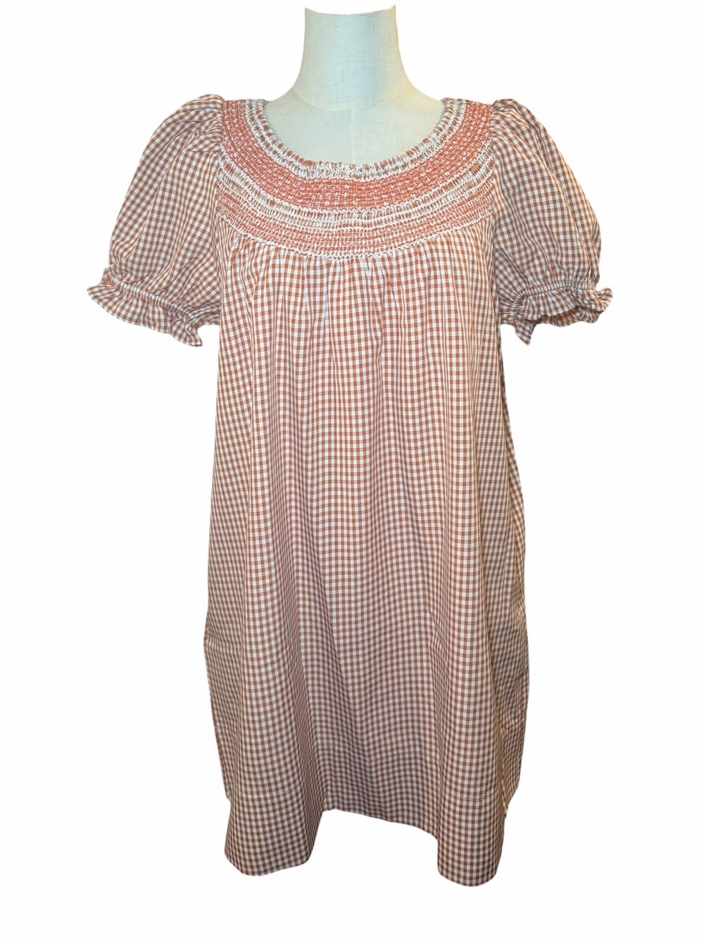 NWT J Marie Logan Gingham Smocked Puff Sleeve Mini Dress Burnt Orange S - Picture 3 of 10